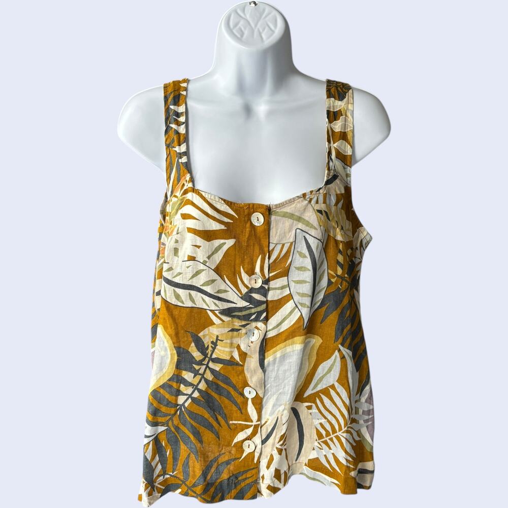 C&C California M Boho Tank Top Mustard Tropical Leaf Print Linen Relaxed